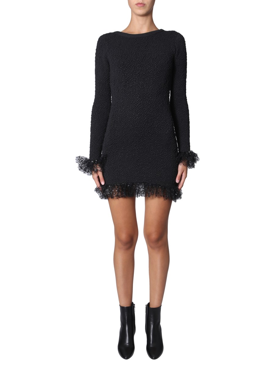 SAINT LAURENT    SMOCKED KNIT DRESS IN SILK AND TULLE