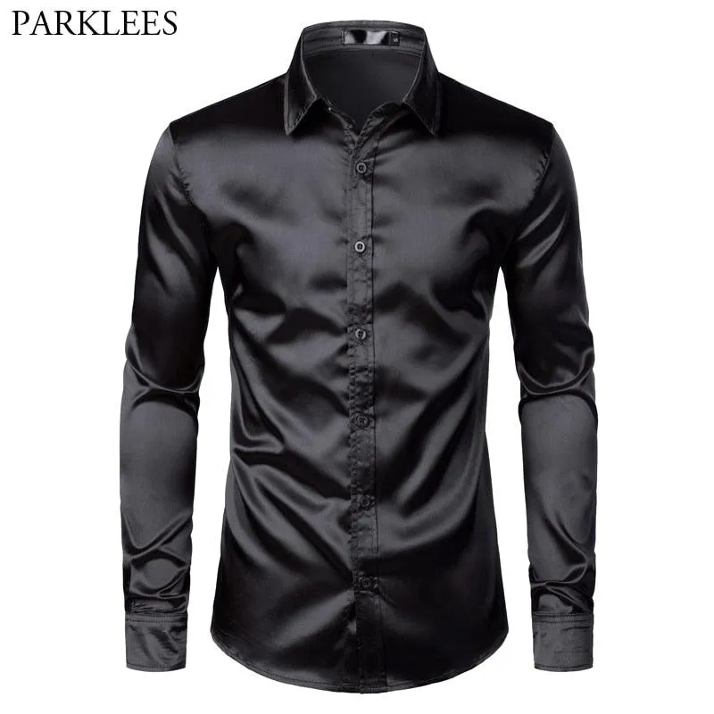 Satin Luxury Dress Shirts Silk Smooth Men Slim Fit