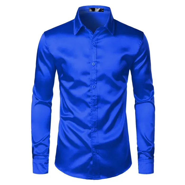 Satin Luxury Dress Shirts Silk Smooth Men Slim Fit