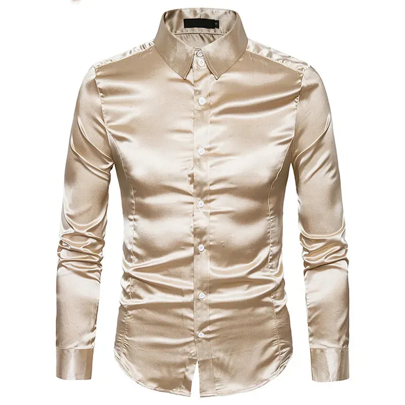 Satin Luxury Dress Shirts Silk Smooth Men Slim Fit