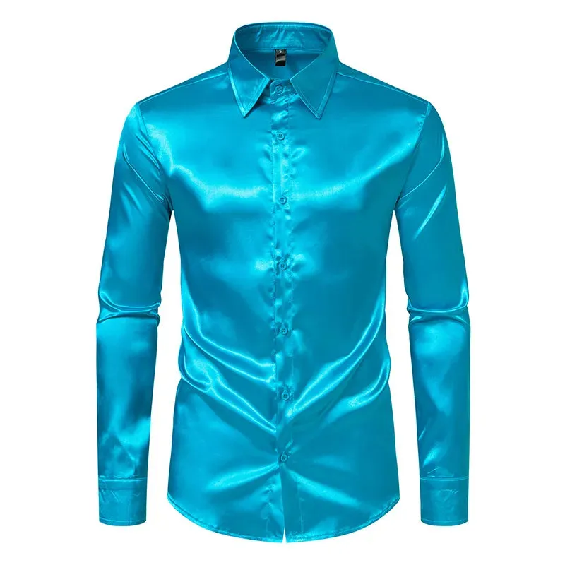 Satin Luxury Dress Shirts Silk Smooth Men Slim Fit