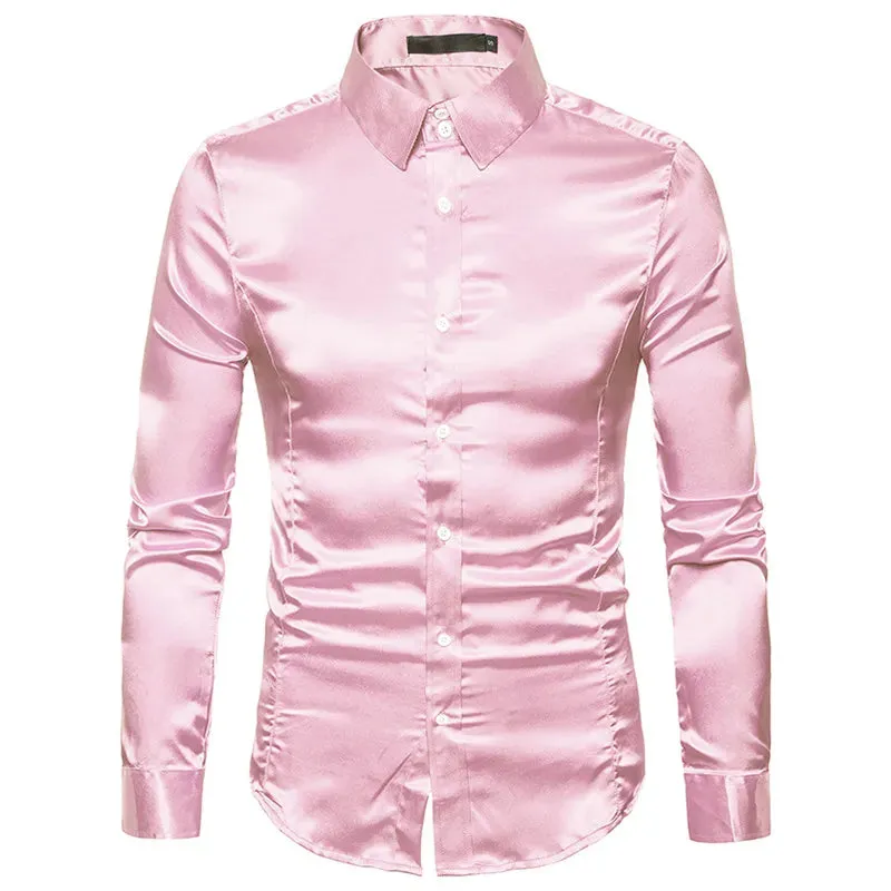 Satin Luxury Dress Shirts Silk Smooth Men Slim Fit