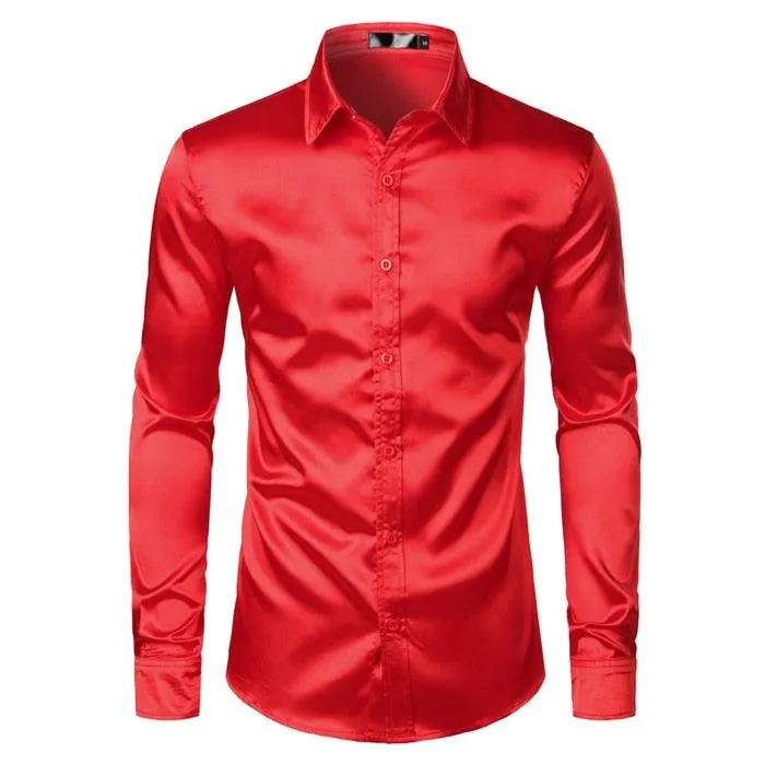 Satin Luxury Dress Shirts Silk Smooth Men Slim Fit