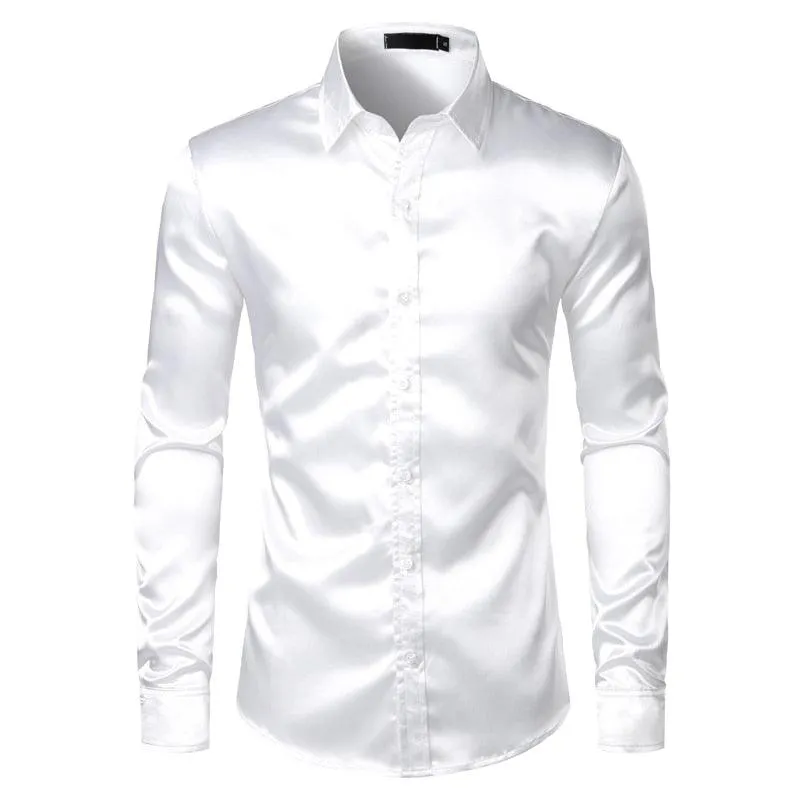 Satin Luxury Dress Shirts Silk Smooth Men Slim Fit