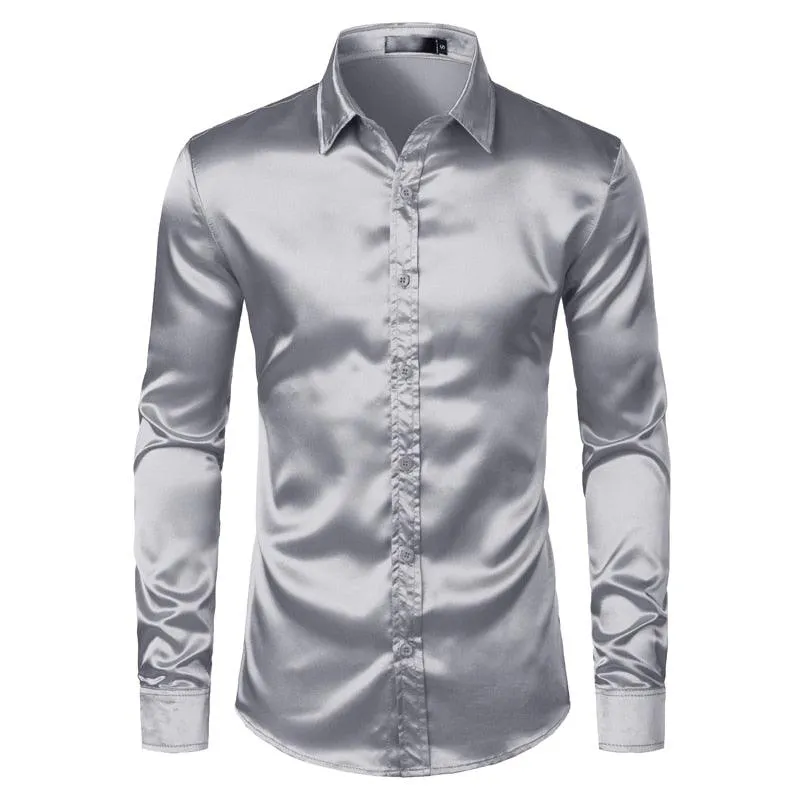 Satin Luxury Dress Shirts Silk Smooth Men Slim Fit