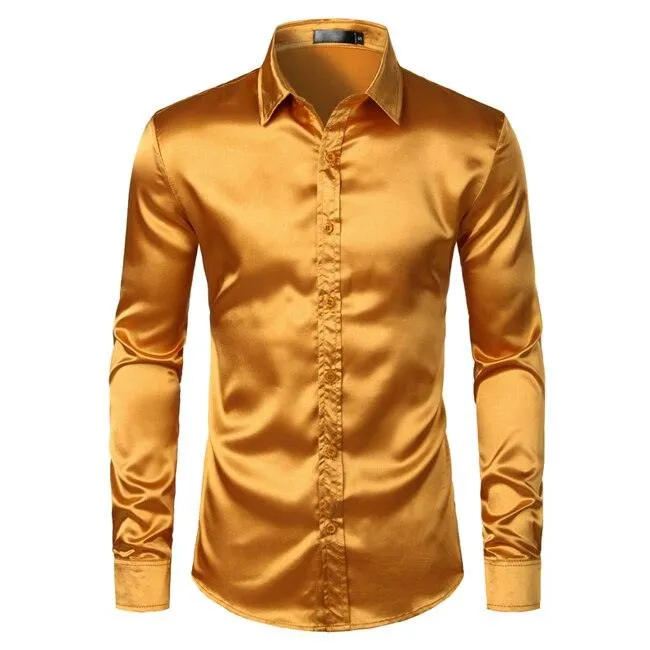 Satin Luxury Dress Shirts Silk Smooth Men Slim Fit