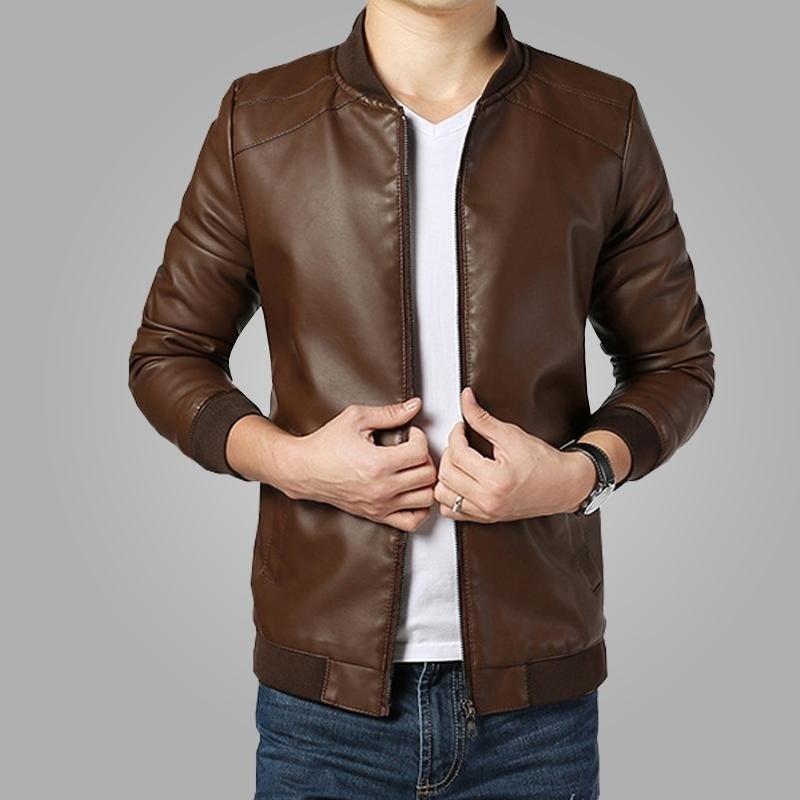 Spring & Autumn Synthetic Leather Men's Full Sleeves Jacket Outwear