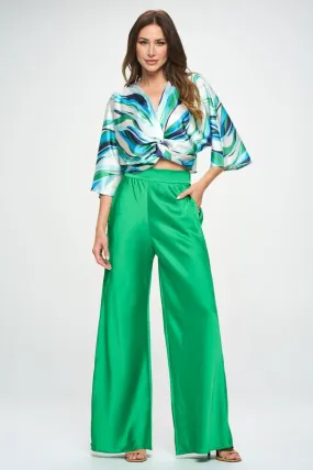 Stretch Satin Pants with Elastic Waist and Pockets