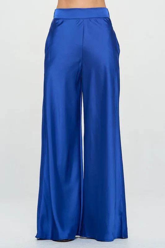 Stretch Satin Pants witih Elastic Waist and Pockets