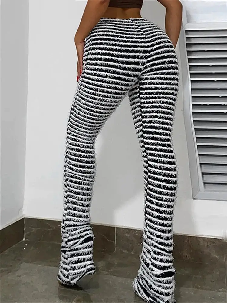 Striped Fluffy Stacked Pants Causal Sporty Leggings Skinny Stretchy Slim Fit Pants