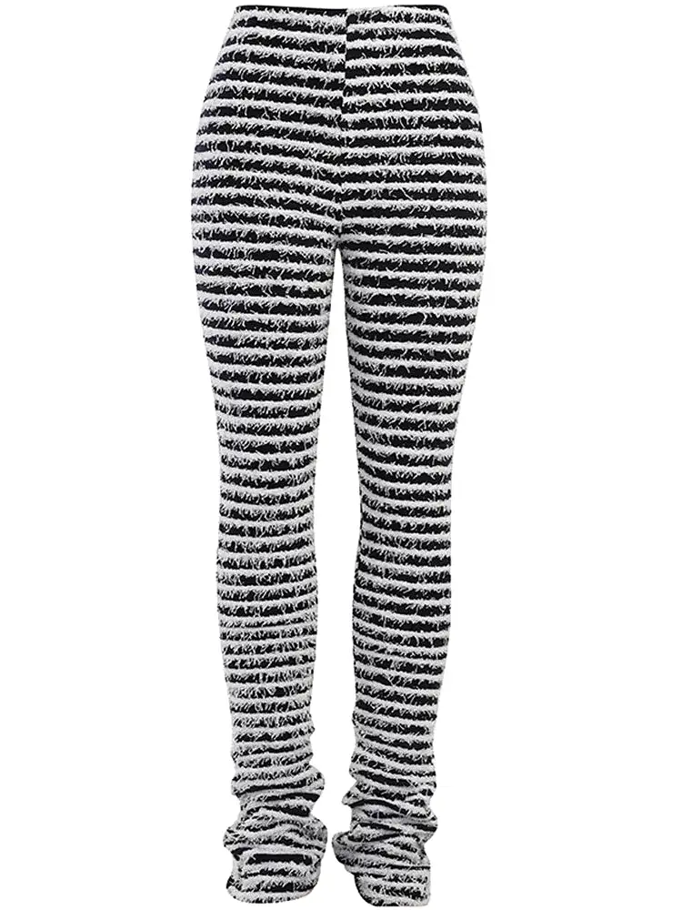 Striped Fluffy Stacked Pants Causal Sporty Leggings Skinny Stretchy Slim Fit Pants