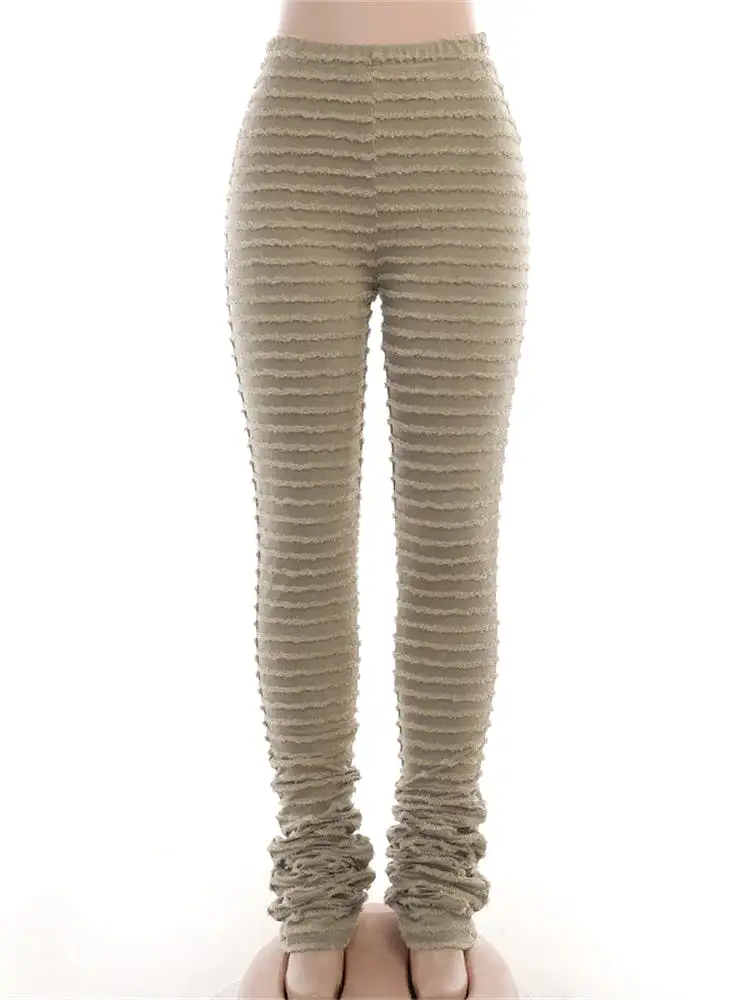 Striped Fluffy Stacked Pants Causal Sporty Leggings Skinny Stretchy Slim Fit Pants