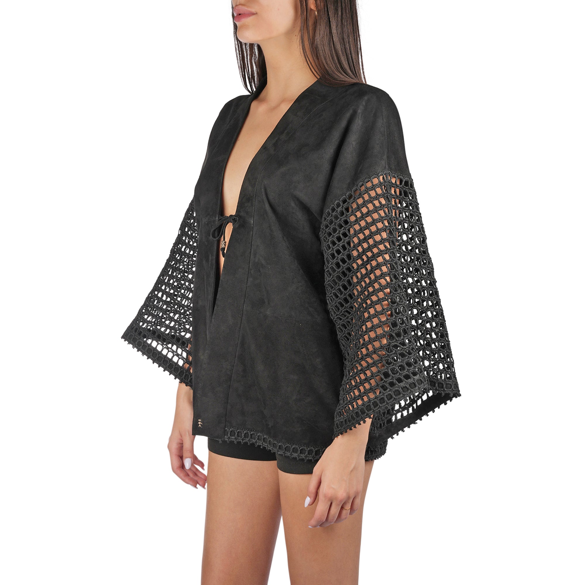 Suede and Crochet Kimono Black