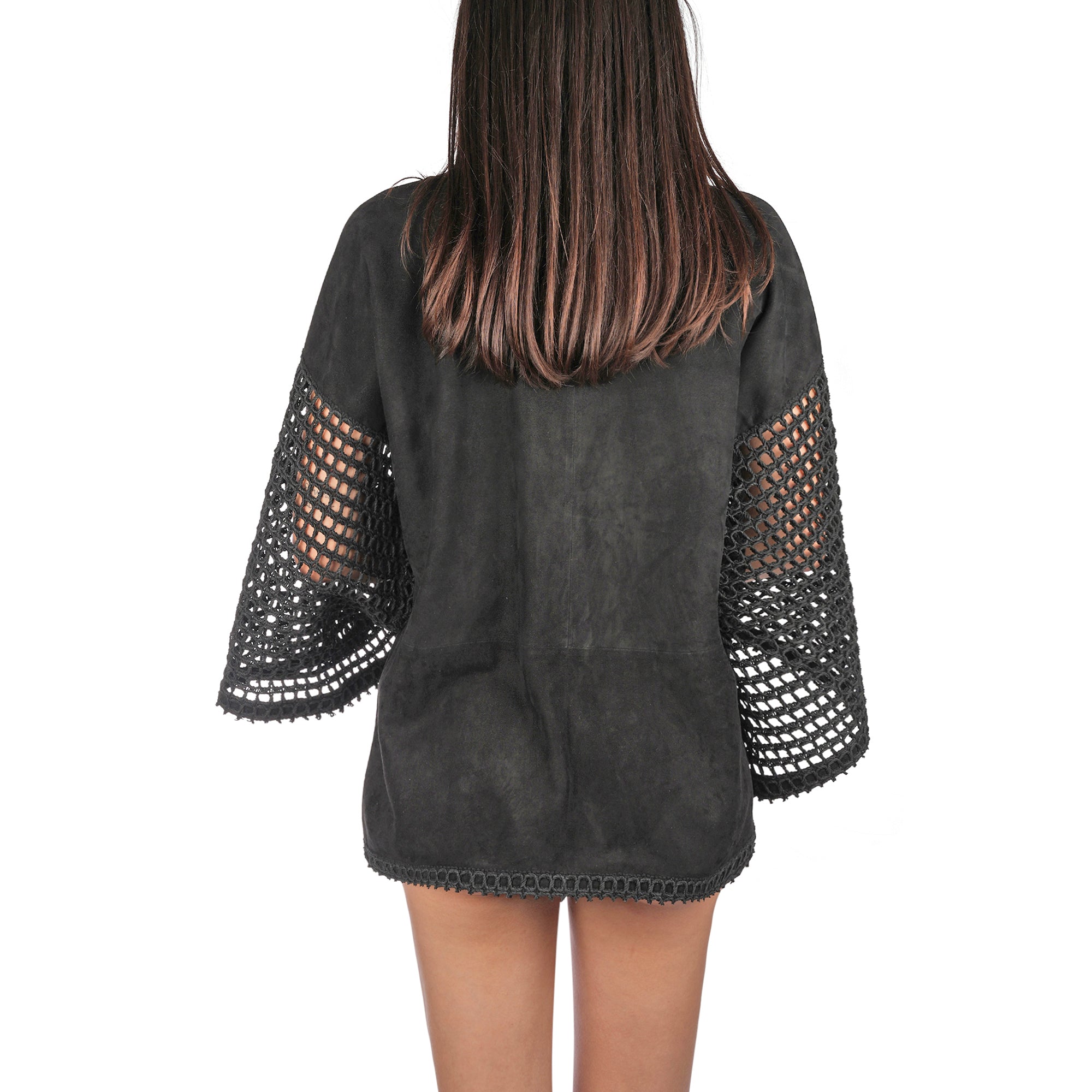 Suede and Crochet Kimono Black