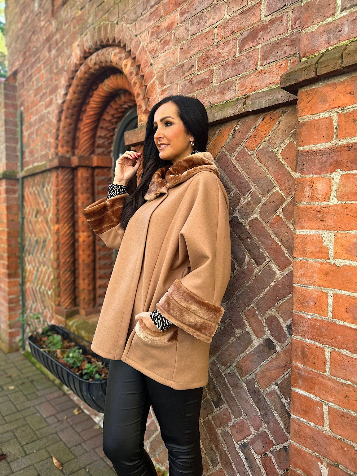 Tan Faux Fur Trim Coat Devon