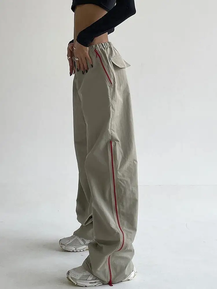 Trendy Baggy Pants patchwork Zipper Trousers For Women High Wasit Hit Color Loose Floor Length Pants Female Fashion Clothing 202