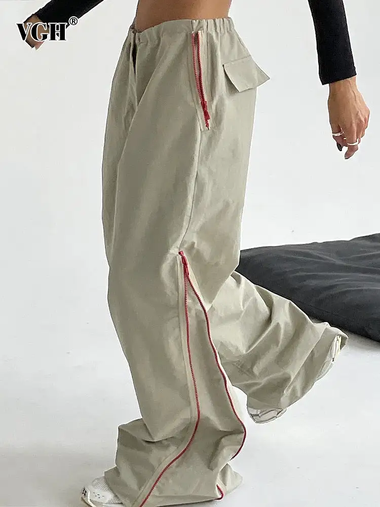 Trendy Baggy Pants patchwork Zipper Trousers For Women High Wasit Hit Color Loose Floor Length Pants Female Fashion Clothing 202