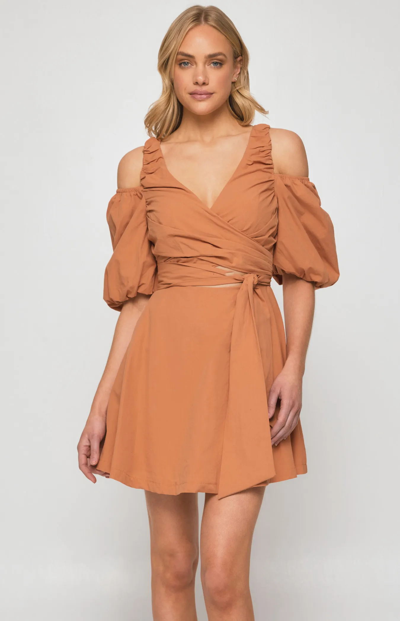 Two Way Sleeve Ruche Front Dress with Tie (WDR506B)