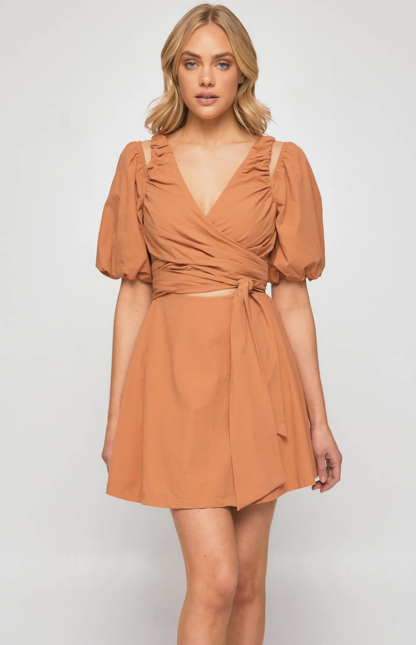 Two Way Sleeve Ruche Front Dress with Tie (WDR506B)