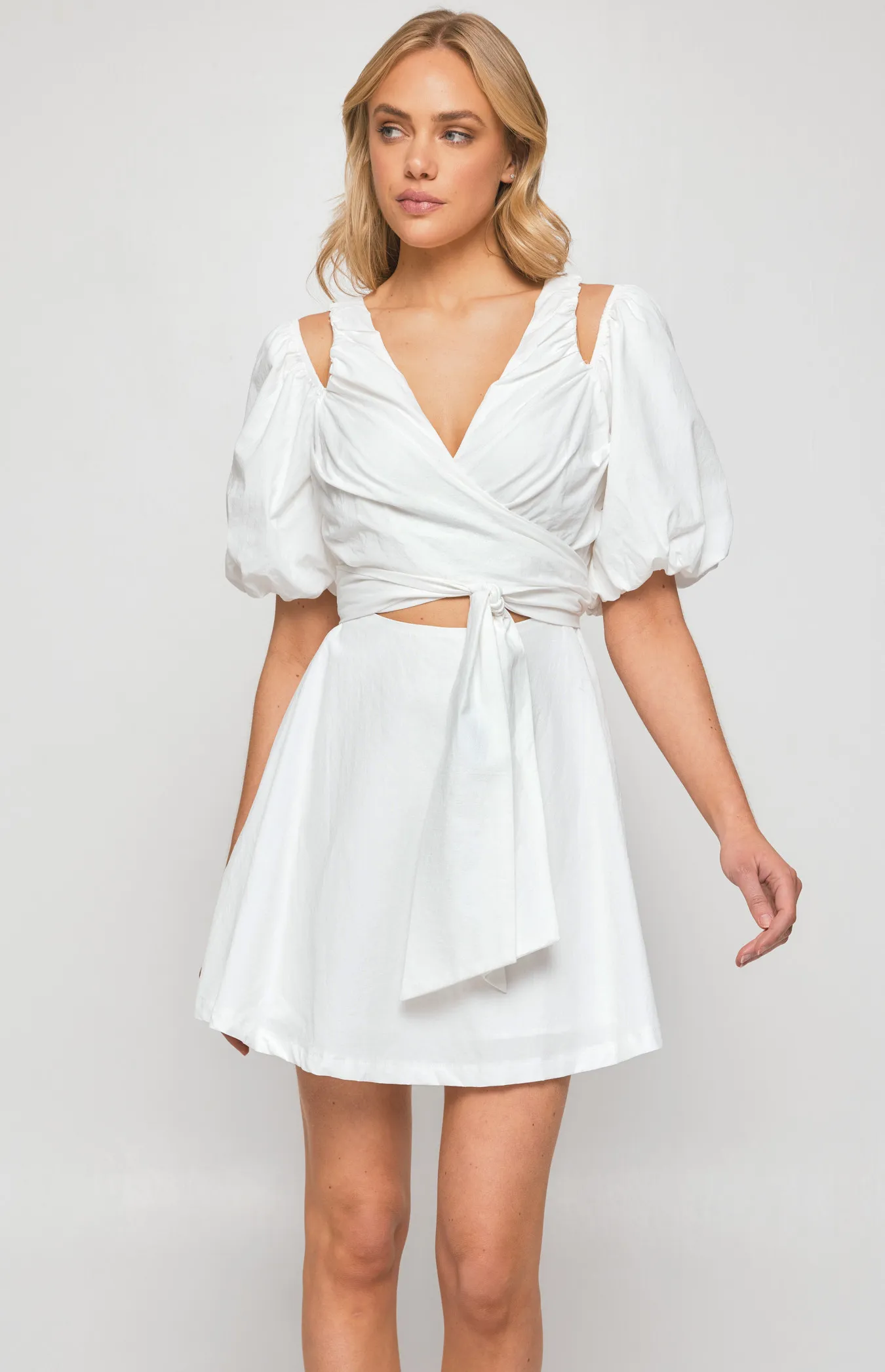 Two Way Sleeve Ruche Front Dress with Tie (WDR506B)