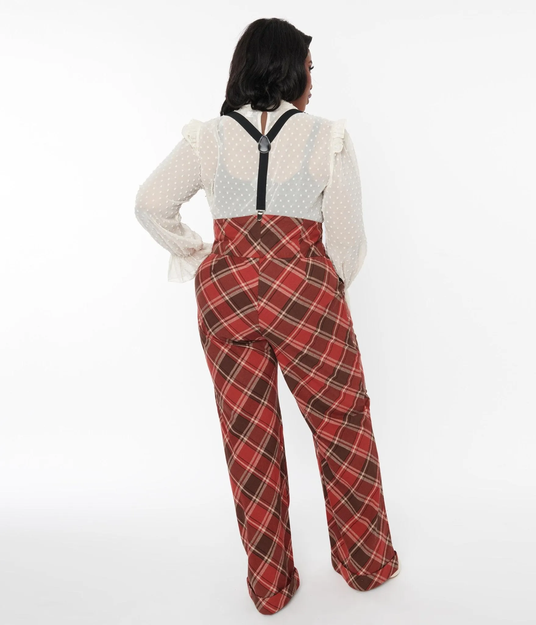 Unique Vintage 1940s Red & Brown Plaid Wide Leg Suspender Pants