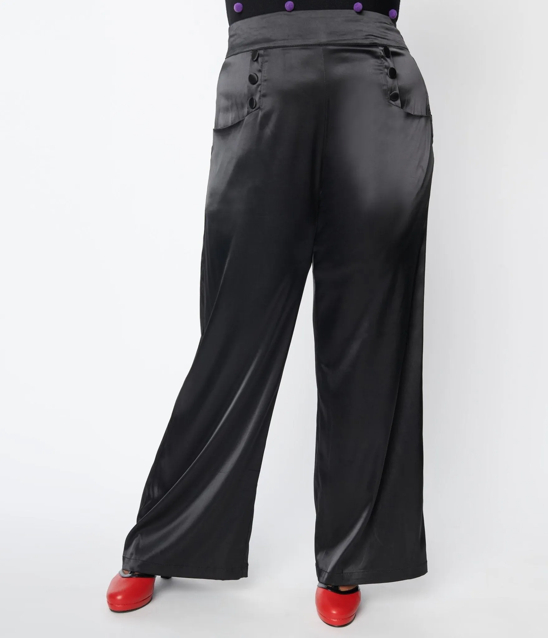 Unique Vintage Plus Size 1940s Black Satin High Waist Ginger Pants