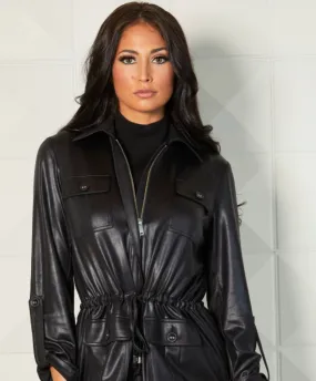 Vegan Leather Drawstring Zip Jacket