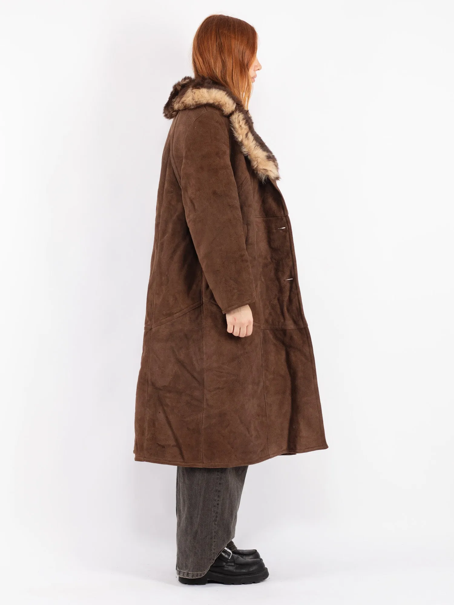 Vintage 70's Women Sheepskin Long Coat in Brown