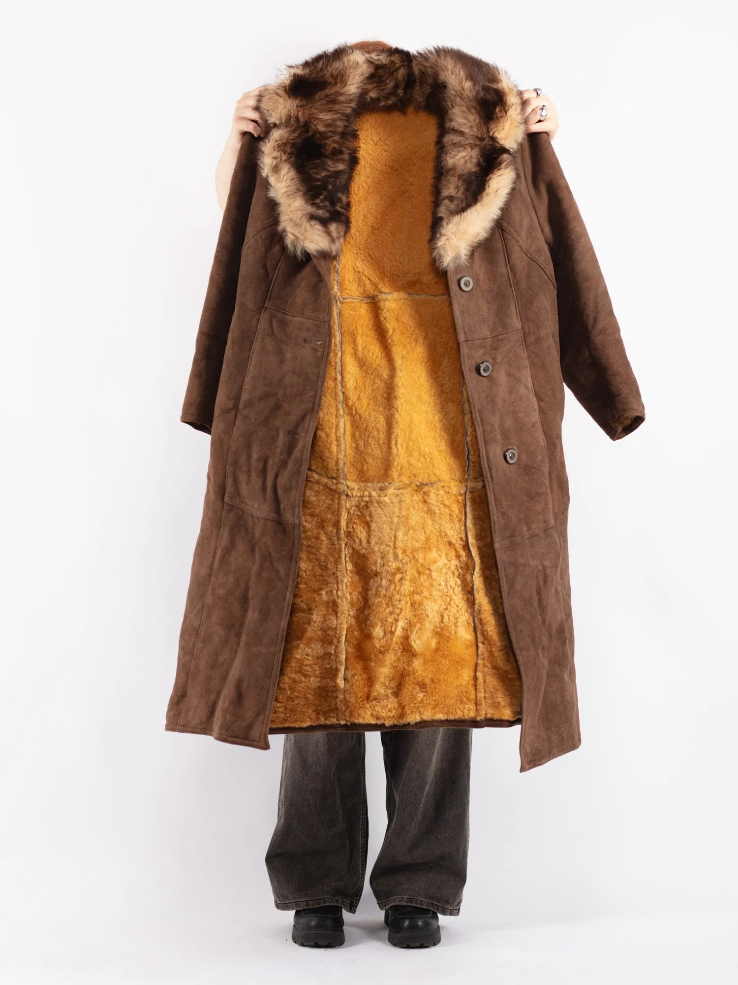 Vintage 70's Women Sheepskin Long Coat in Brown