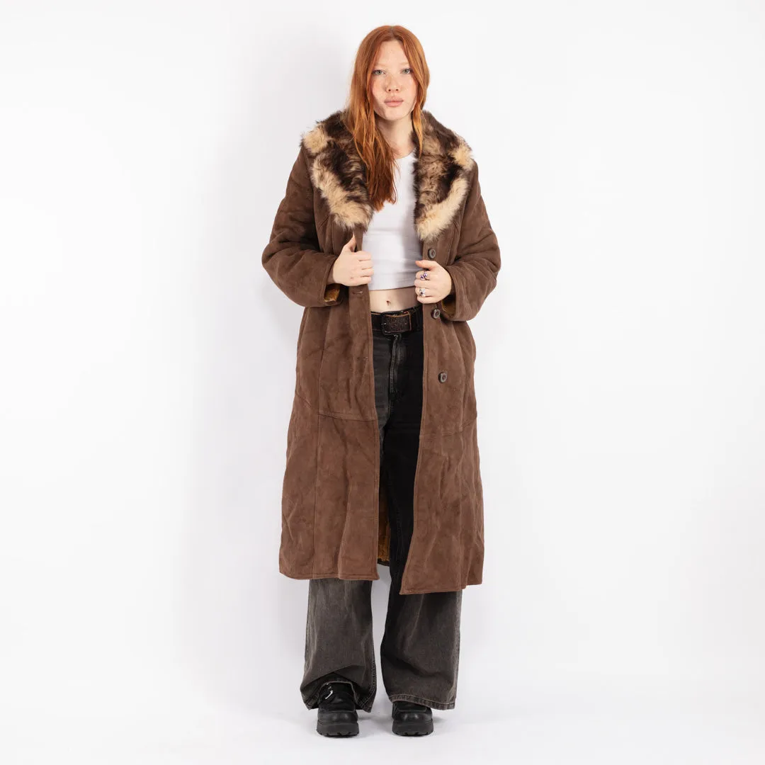 Vintage 70's Women Sheepskin Long Coat in Brown