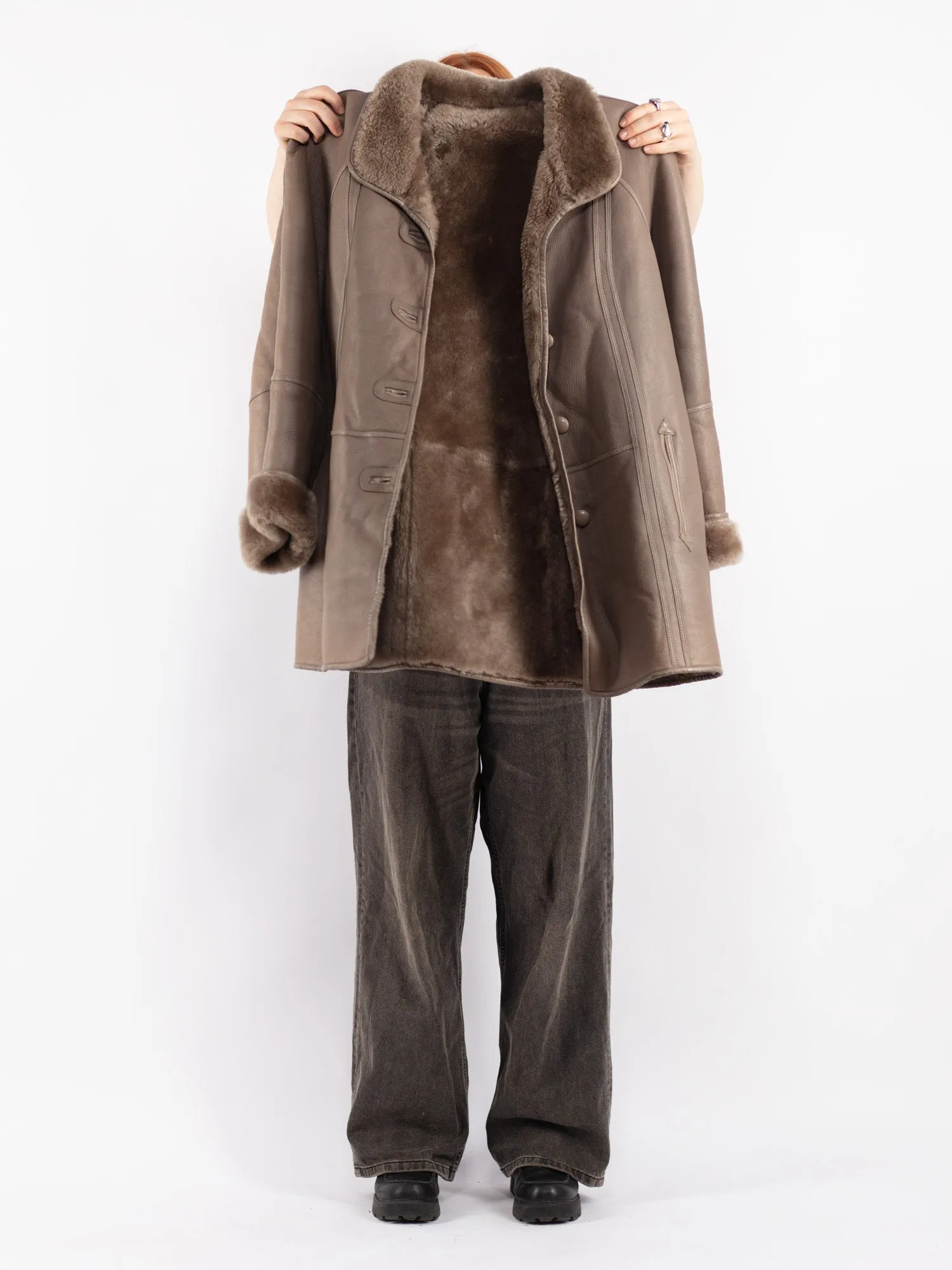 Vintage 80's Women Sheepskin Shearling Coat in Beige