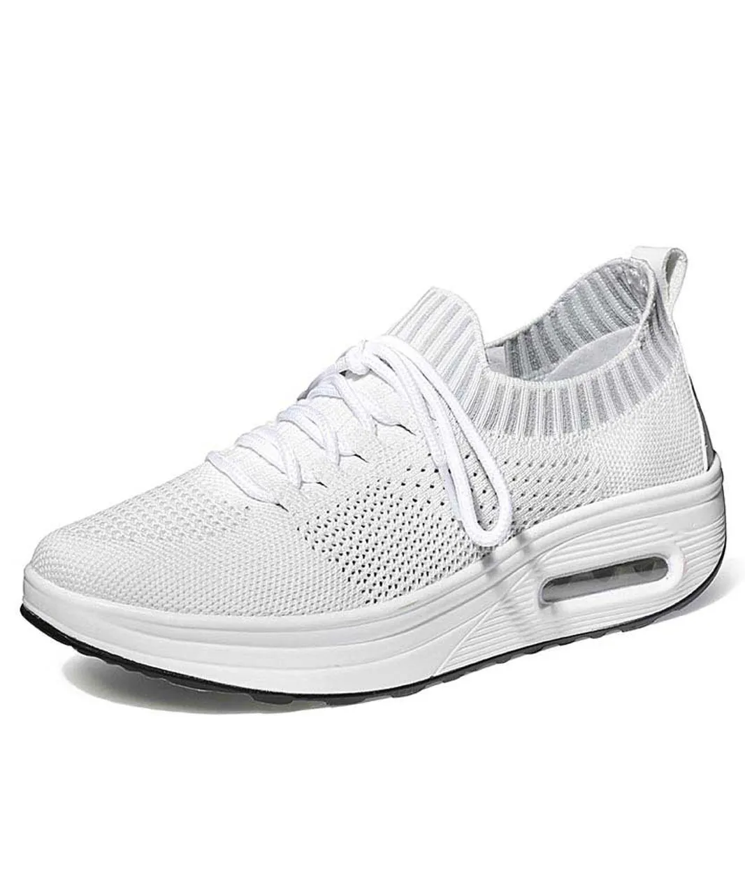 White flyknit textured rocker bottom shoe sneaker