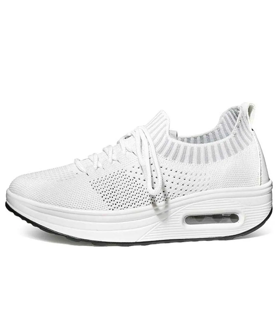 White flyknit textured rocker bottom shoe sneaker