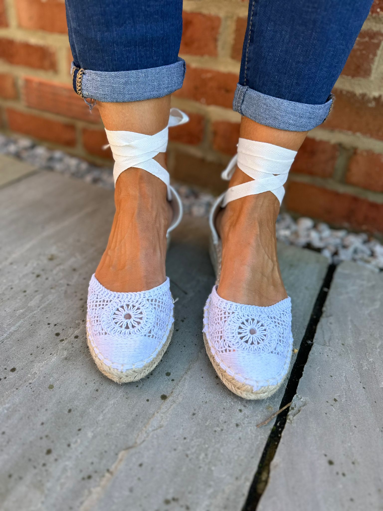 White Loose Weave Lace Up Espadrille Shoes