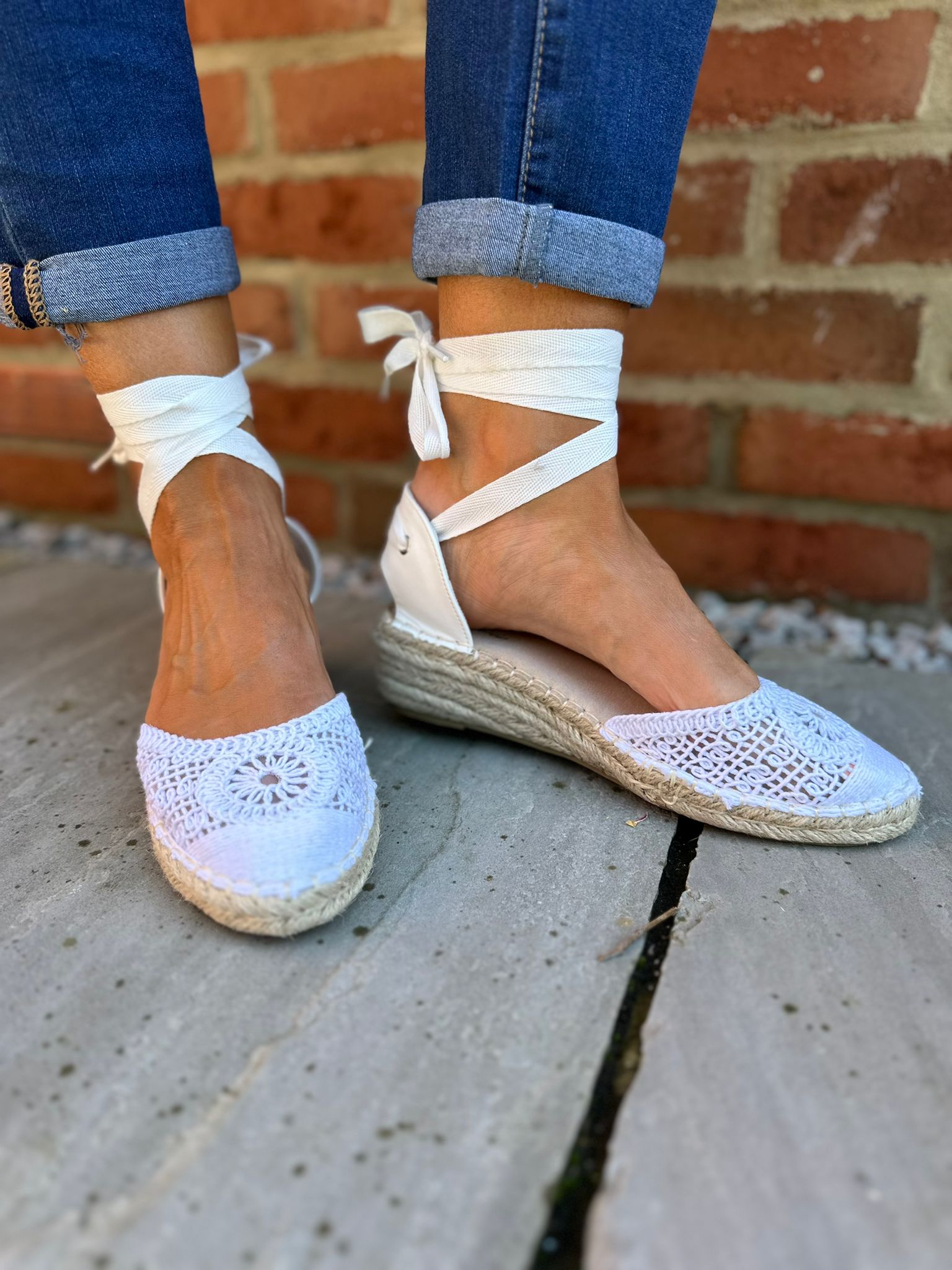 White Loose Weave Lace Up Espadrille Shoes