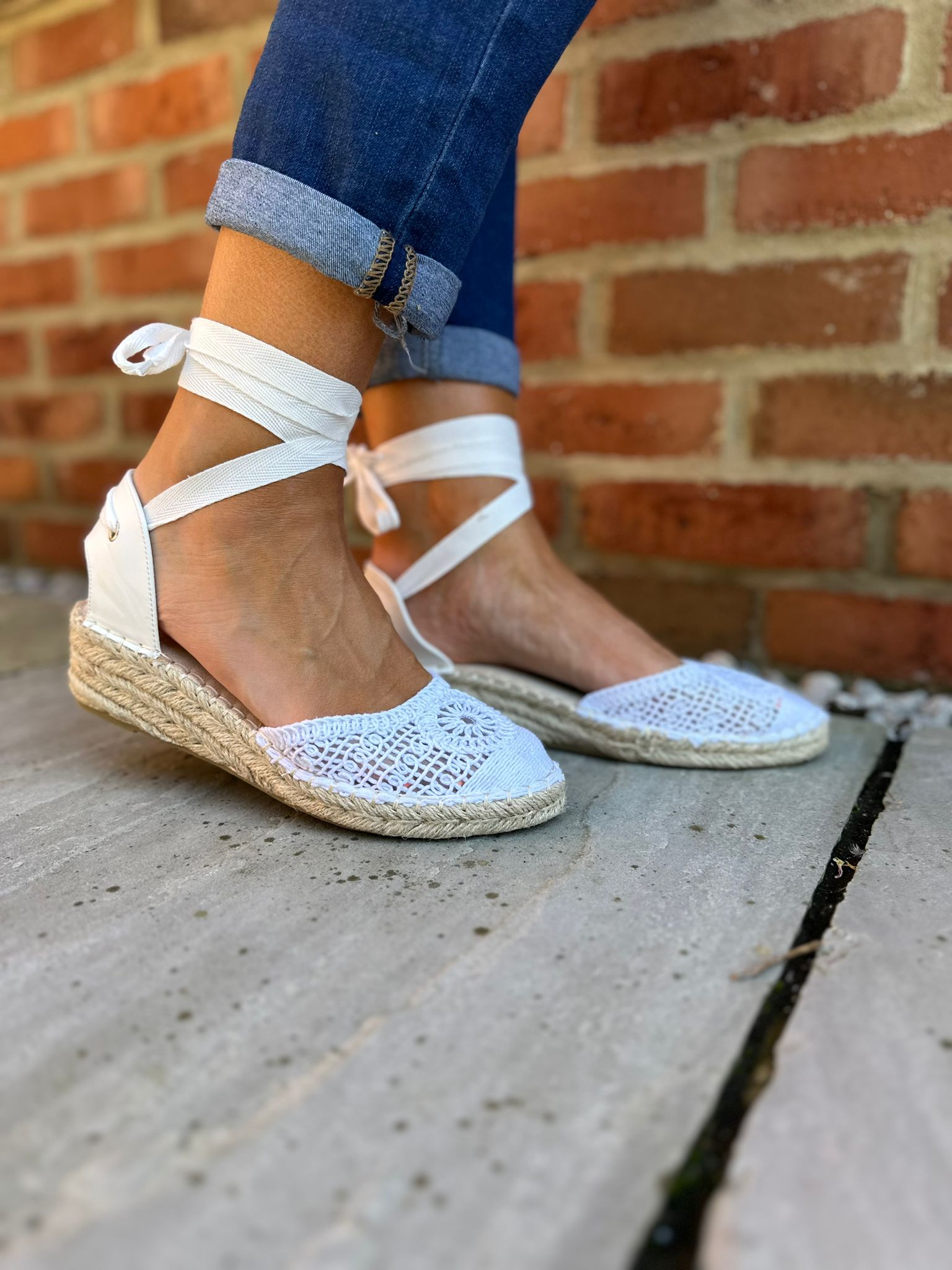 White Loose Weave Lace Up Espadrille Shoes