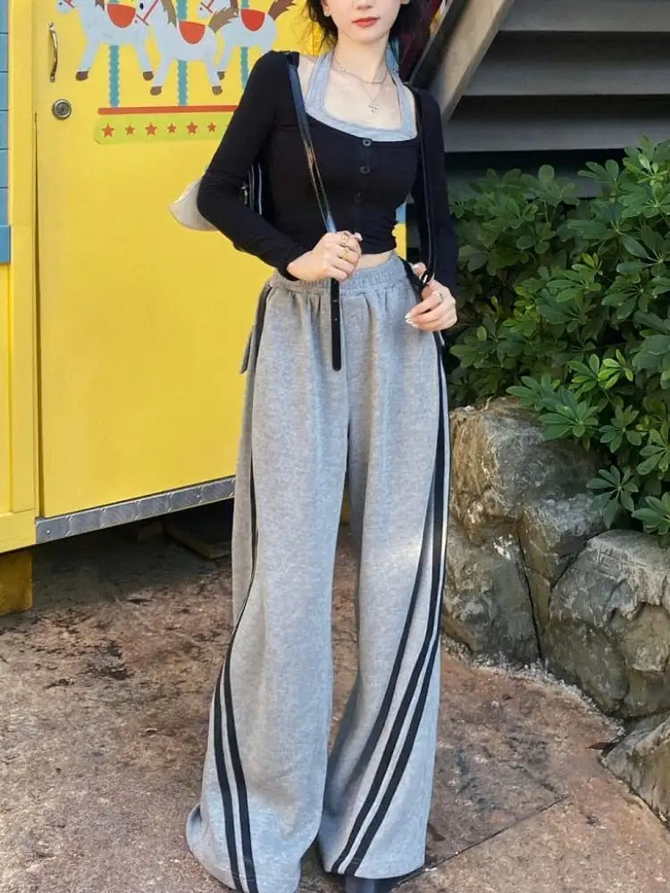 Wide Leg Pants Women Side Stripe Streetwear Casual Spring All-match Korean Style Full Length Unisex Prevalent Baggy Temperament