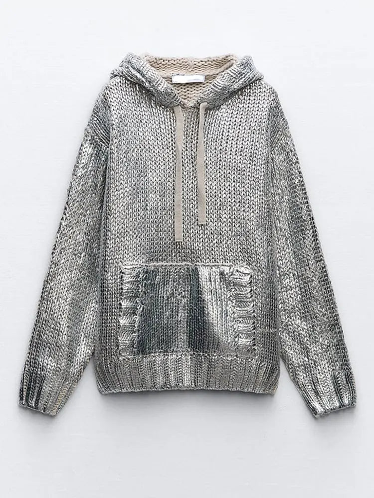 Women Chic Metallic Rib Trim Foil Hooded Sweater