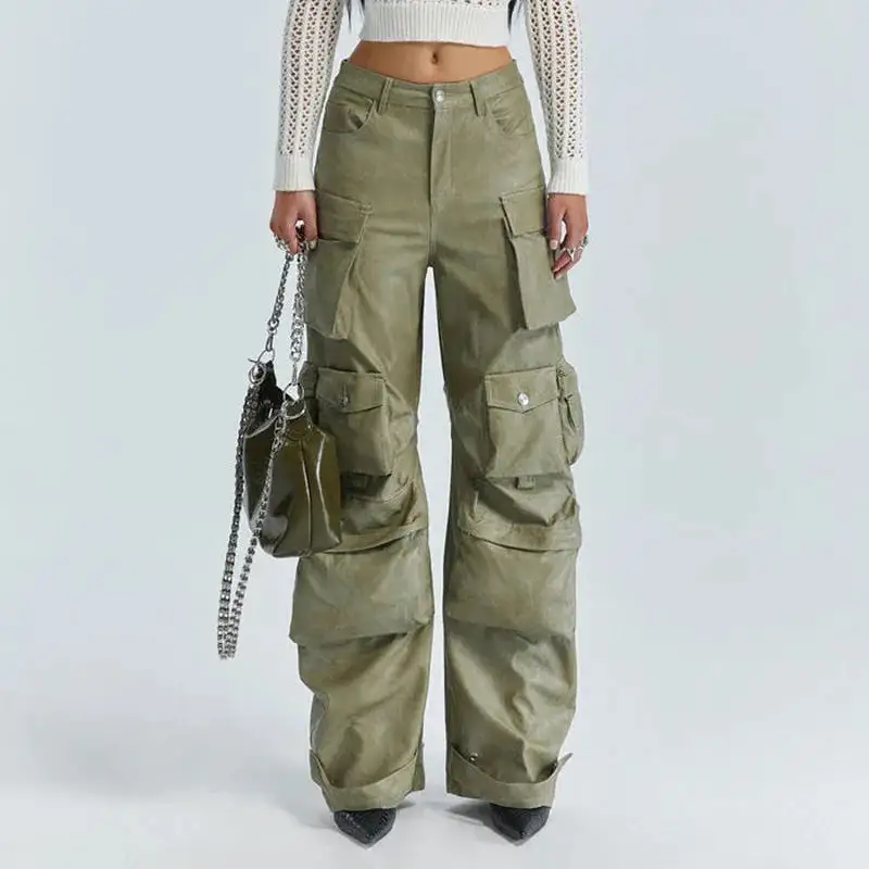 Women Leather Pants Multi Pockets High Waist Trousers Loose Casual All Match Long PU Cargo Pants