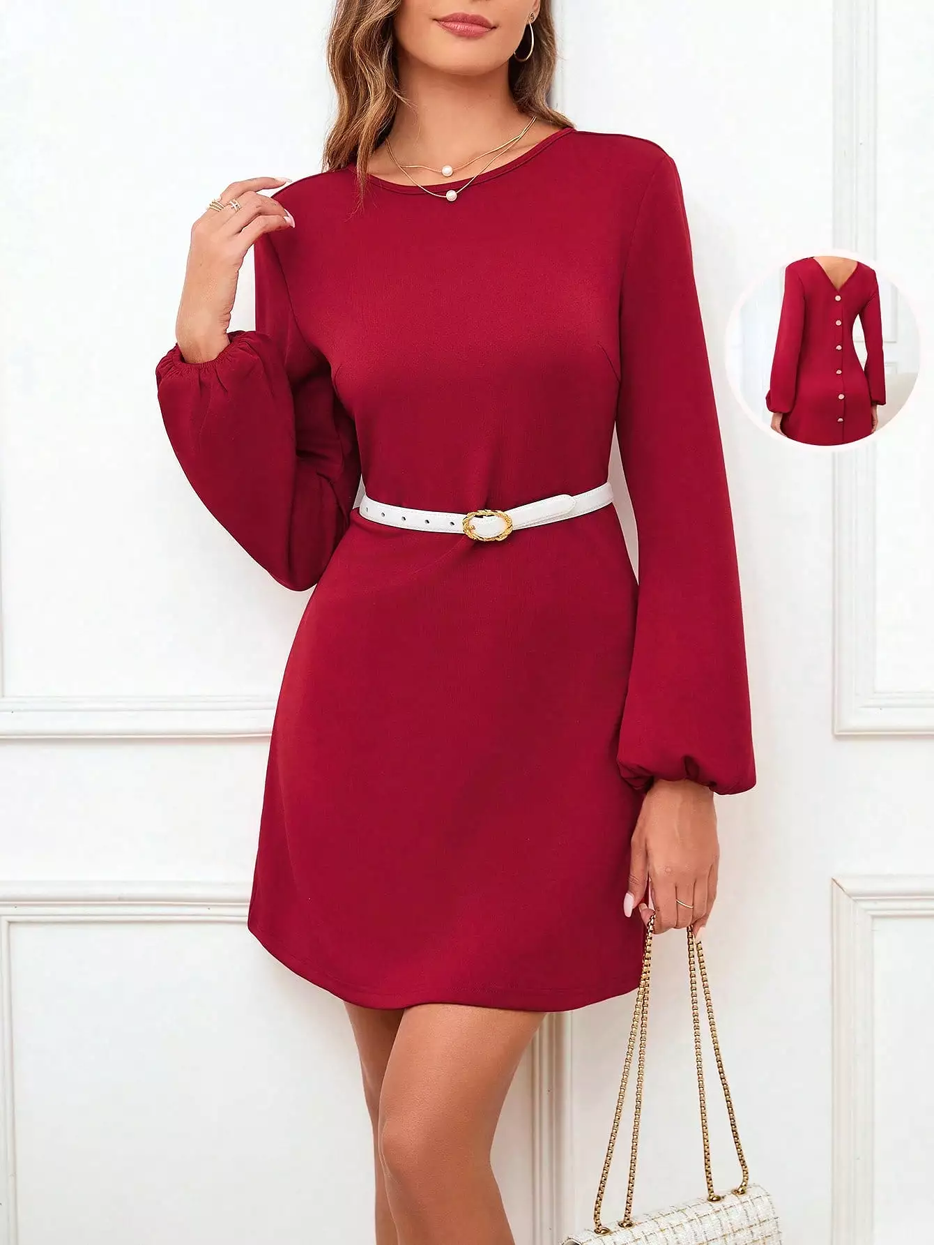 Women's Solid Color Lantern Sleeve Back Button Dress