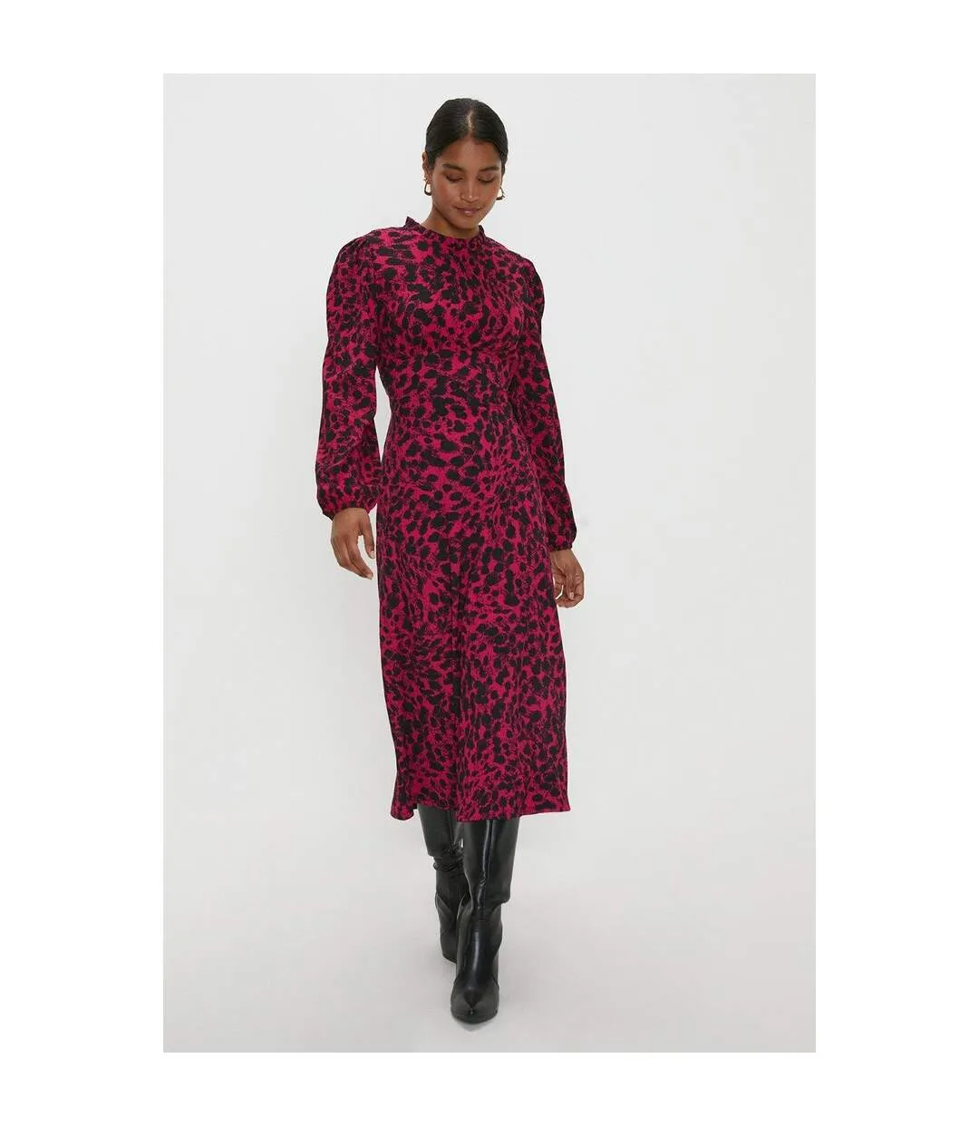 Womens/ladies leopard print frill neck midi dress pink Dorothy Perkins