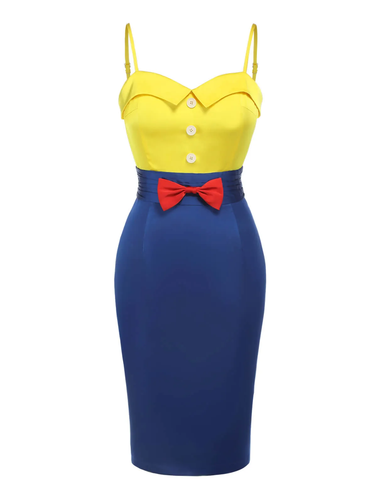 Yellow & Blue 1960s Bow Strap Pencil Dress